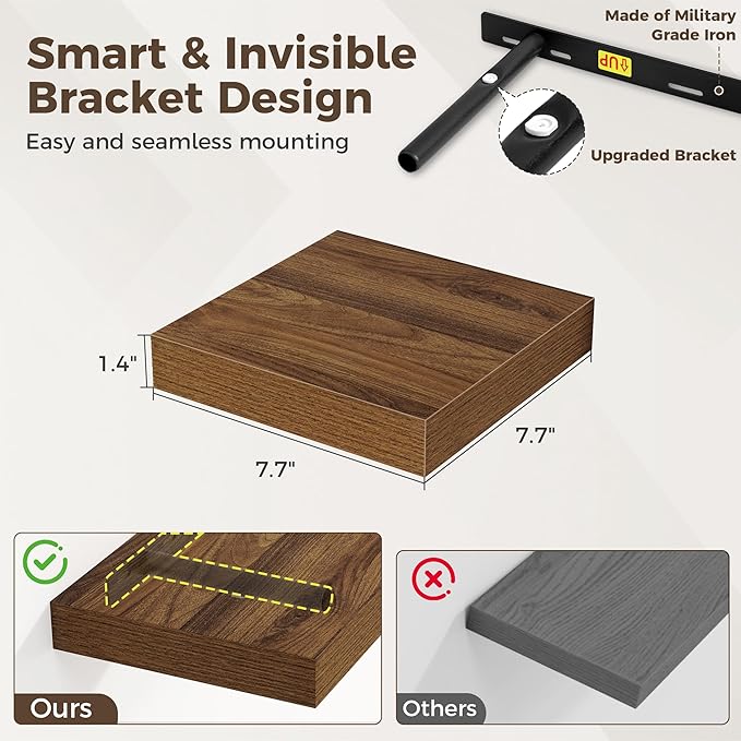 Fun Memories Small Floating Shelves for Wall - 8 Inch Square Wall Shelves with Invisible Brackets, Walnut Shelves for Bathroo