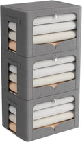 FHSQX 3 Pack Clothes Storage Bins Foldable Metal Frame Storage Box Stackable Linen Fabric Organizer Set with Carrying Handles