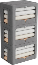 FHSQX 3 Pack Clothes Storage Bins Foldable Metal Frame Storage Box Stackable Linen Fabric Organizer Set with Carrying Handles