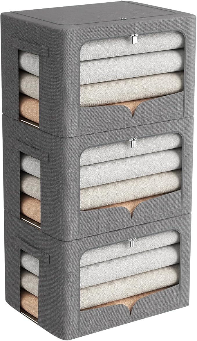 FHSQX 3 Pack Clothes Storage Bins Foldable Metal Frame Storage Box Stackable Linen Fabric Organizer Set with Carrying Handles