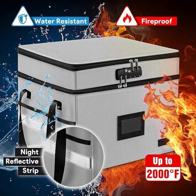 Fireproof Document Box with Lock, 2-Layer File Box Storage Organizer with 5 Tabs& Insert, Portable File Cabinet Storage Box w