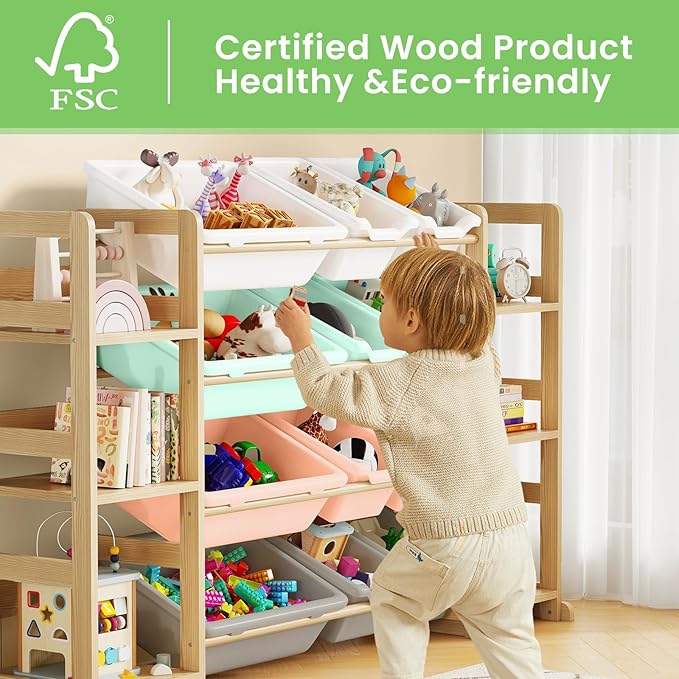 EXPERLAM Extra Large Toy Storage - Toy Storage Organizer, Wooden Toy Organizer with 6 Side Shelves and 12 Bins, 3-in-1 Booksh