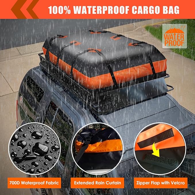 Roof Rack Carrier Carrier Basket 65"*39"*6"+Waterproof Bag 20 Cubic Feet(51"*40"*17"),and Cargo Net with Attachment Hooks,Ratchet Straps.200 Lbs Capacity,Universal Rooftop small Size Roof Rack