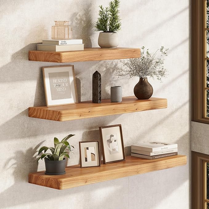 Fun Memories Rustic Elm Wood Floating Shelves, 30 Inch Wall Shelf Set of 2, Wooden Bathroom Shelves with Heavy-Duty Bracket, 