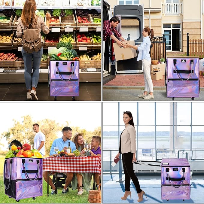 Reusable Grocery Bag on Wheels, Foldable Rolling Shopping Tote Bag, Water-Resistant Material, Zipper Top, Heavy Duty Handle, Lightweight, Strong Carrying Capacity, Medium, Gradient Purple