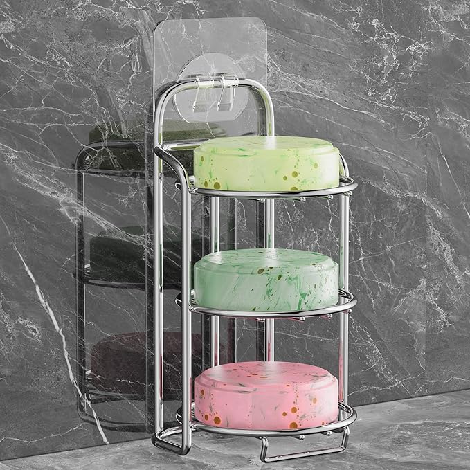 Silver 3-Tier Shower Soap Shampoo Bar Holder, Self Adhesive & Freestanding Draining Soap Dish Caddy for Bathroom Wall Accesor