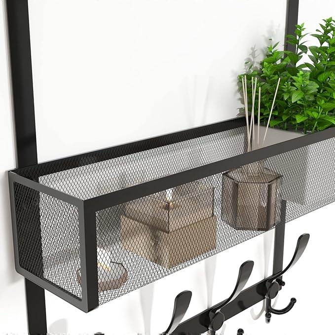 Kaiferty Over The Door Hooks Organizer,Over Door Hanger Towel Rack Mesh Basket with 12 Hooks,Back of Door Storage Organizer f