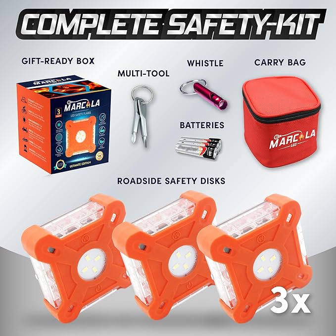 MARCALA Emergency Lights for Vehicles 3-Pack | LED Road Flares | Flares Emergency Road | LED Emergency Flares Include Batteri