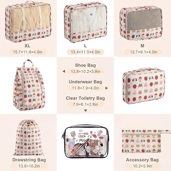 8 Set Packing Cubes for Travel with Clear Toiletry Bag, Durable Luggage Packing Organizers, Carry-On Accessories, TSA Approve
