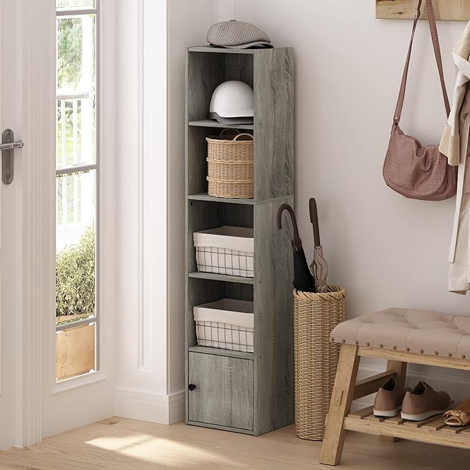Furinno LUDER Book Shelf, 5-Tier Modern Bookshelf, Bookcase with 1 Door Storage Cabinet, 9.3 x 12 x 52, for Organization and 