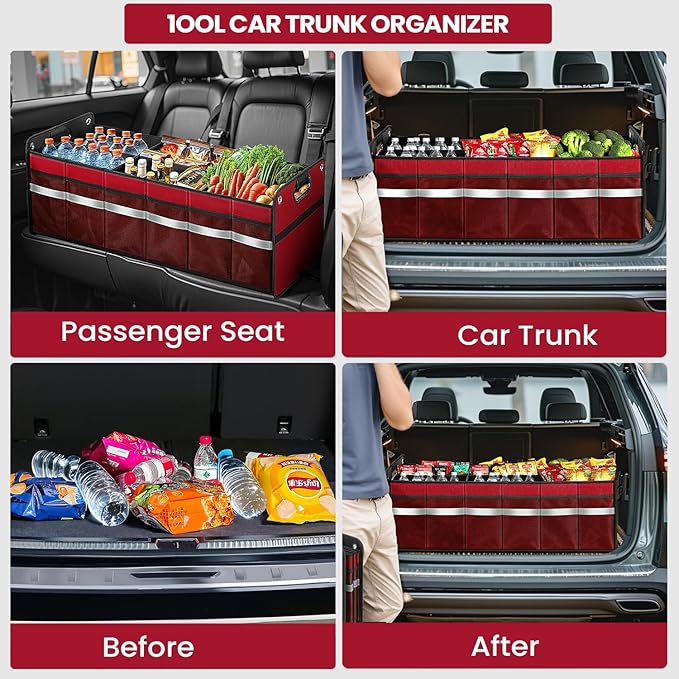 Car Trunk Organizer, Car Storage Organizer, Collapsible Multi Compartment for Car, Suv, Sedan, Truck, 100L, Extra Larger