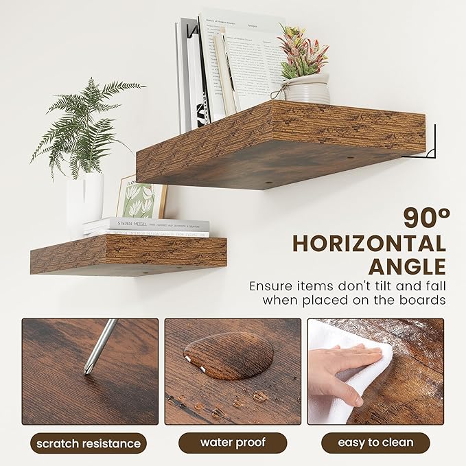 12 Inch Deep Floating Shelves | 24 Inch Brown Floating Shelves | 24" W x 12" D Rustic Wood Shelves for Wall | Deep Shelves fo