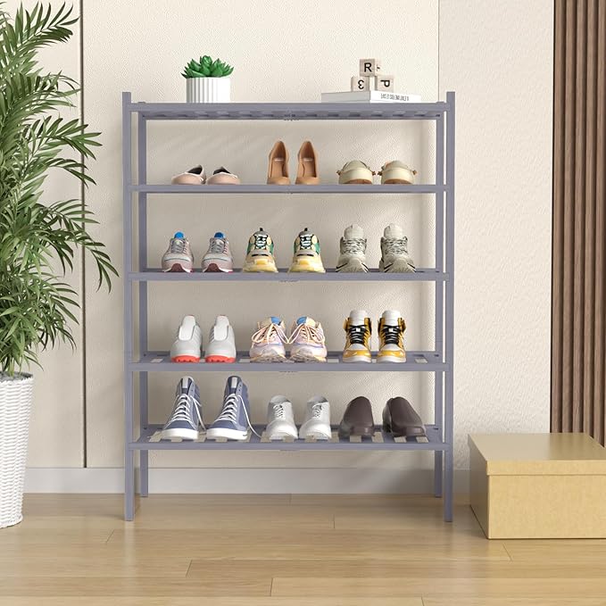 ROMGUAR CRAFT 5 Tier Bamboo Shoe Rack for Closet Free Standing Wood Shoe Shelf for Entryway Small Space Stackable 27"x11"x33"