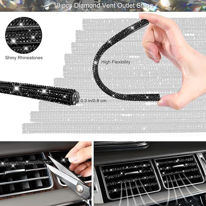 CAR PASS 30 PCS Bling Diamond Car Accessories Set for Women, Bling Steering Wheel Covers 15 Inch, Shining Rhinestone License Plate Frame, Sparkly Phone Holder, Cute Interior Set Decorations, Black