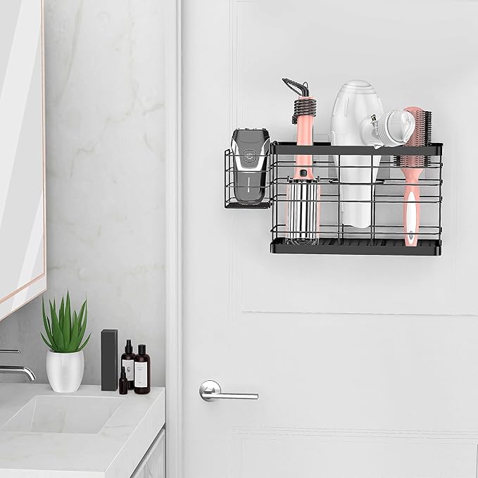 Hair Tool Organizer - Black Steel Wall Mounted Hair Dryer Holder with Removable Basket, 10.62"L x 4.33"W x 6.69"H, Ideal for 