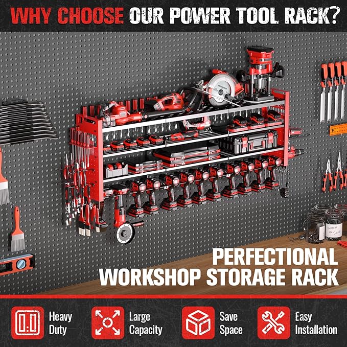 49.8" W Large Power Tool Organizer Wall Mount, Heavy Duty Tool Organizer with 14 cordless Drill Holder, 4 Layers Garage Organ