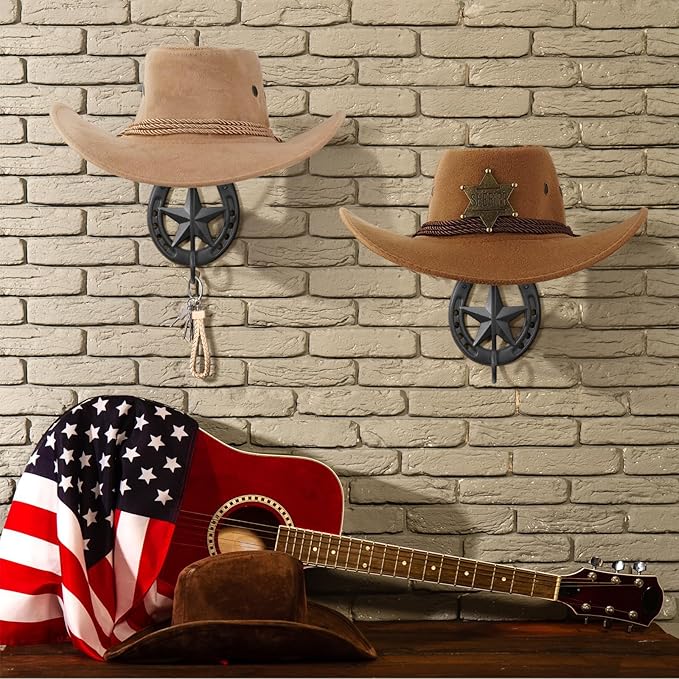 Cowboy Hat Holder for Wall 2 Pack Metal Iron Cowboy Hat Rack Western Hat Hanger Horseshoe Hooks Storage Cowboy Hat Organizer 