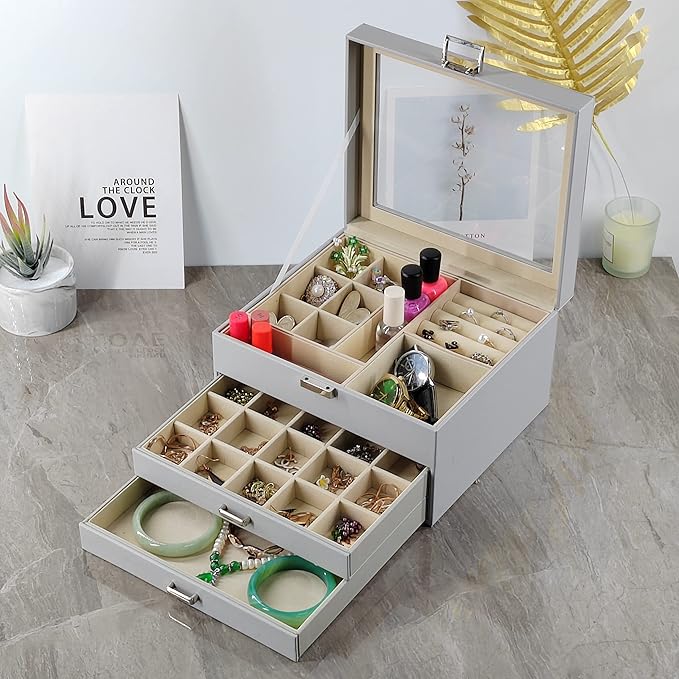 BOOVO Clear Lid Jewelry Box,3 Layers Jewelry Organizer Large Multi-Functional Jewelry Storage Box with 2 Drawers,Jewelry Disp