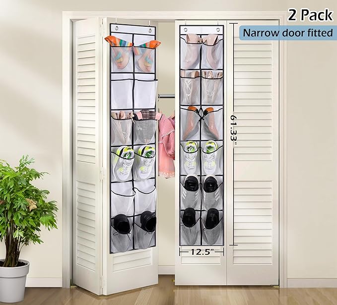 MISSLO Over The Door Shoe Organizer 12 Large Mesh Pockets Hanging Narrow Closet Door, White, 2 Pack