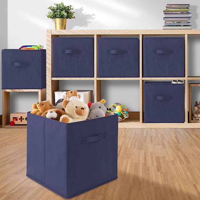 Casafield Set of 6 Collapsible Fabric Cube Storage Bins, Navy Blue - 13" Foldable Cloth Baskets for Shelves, Cubby Organizers