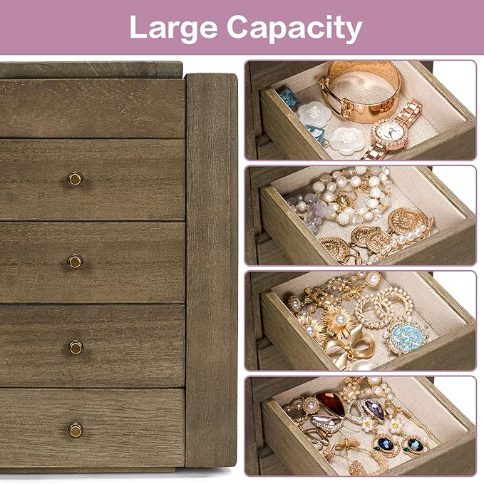 Meangood Jewelry Box Wood for Women, 5-Layer Large Organizer Box with Mirror & 4 Drawers for Rings, Earrings, Necklaces, Vint