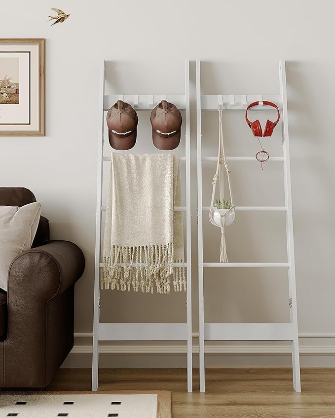 Hzuaneri Blanket Ladder for Living Room, Decorative Quilt Rack with 4 Removable Hooks, 5-Tier Farmhouse Ladder Holder Shelf O