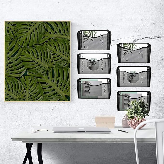 EASEPRES 6 Single Pocket Mesh Hanging File Organizer, Vertical Wall Mounted Magazine File Holder, Mount Basket Mail Paper Doc