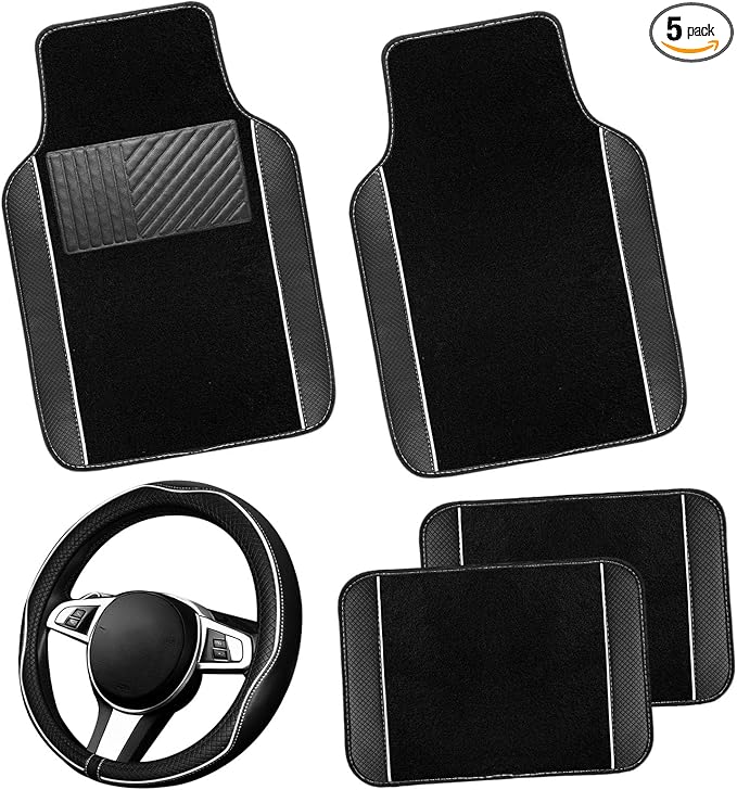 NBTEPEM Microfiber Steering Wheel Cover and Waterproof Car Floor Mats, Universal Fit Most Truck, SUV, Cars, 14.5-15inch Sporty Steering Wheel Covers with Anti-Slip Lining (Black with White line)