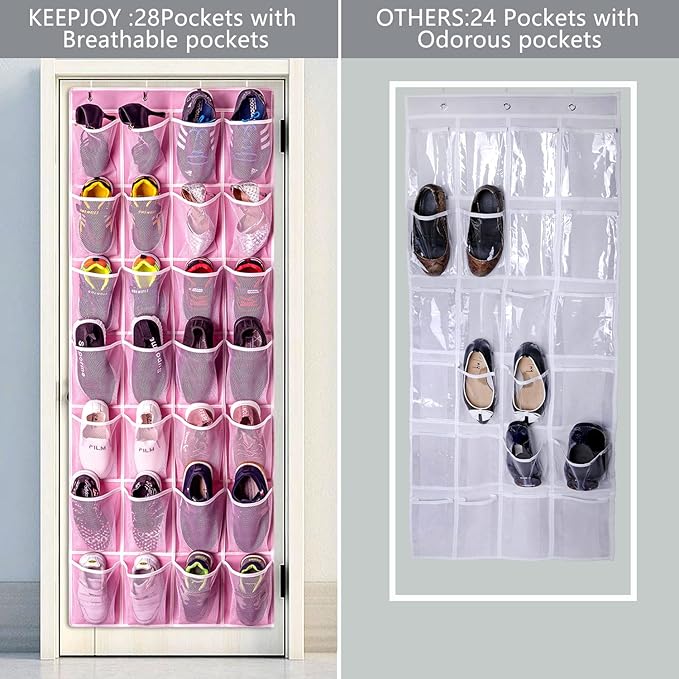 KEEPJOY 28 Pocket Over The Door Shoe Organizer, 2Pack Hanging Shoe Organizer for Door, Hanging Door Shoe Holder Rack with Mes