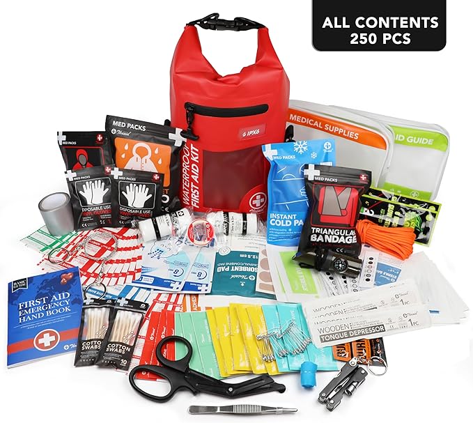 250 PCS Waterproof First Aid Kit, Roll Top Reflective Boat Dry Bag Bug Out Bags, Emergency Medical Kit Ideal for Boating, Cam