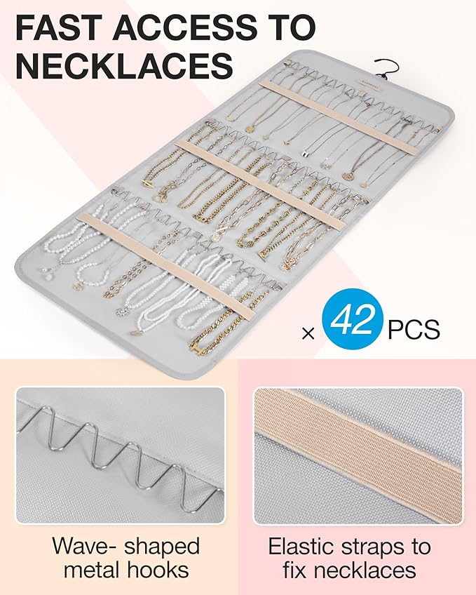 BAGSMART Hanging Jewelry Organizer Storage Roll with Hanger Metal Hooks Double-Sided Jewelry Holder for Earrings, Necklaces, 