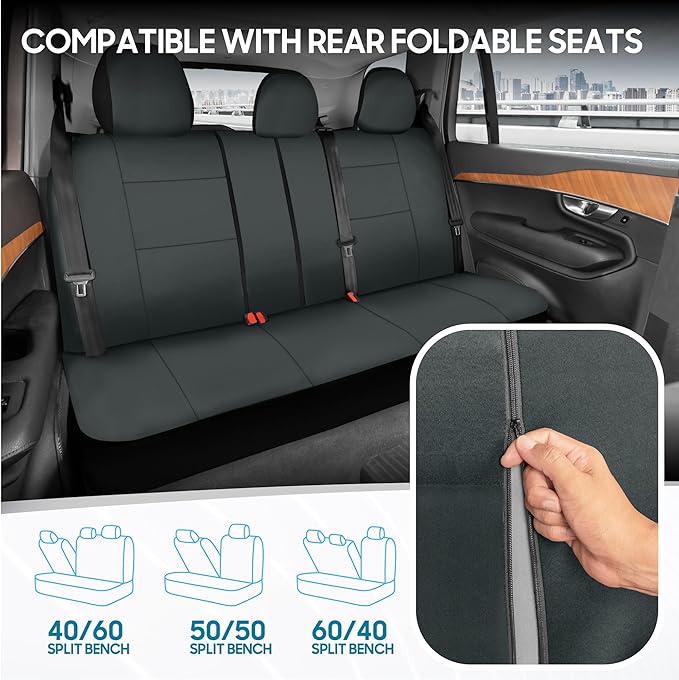BDK PolyPro Car Seat Covers Full Set in Solid Charcoal – Front and Rear Split Bench Seat Covers for Cars, Easy to Install Car