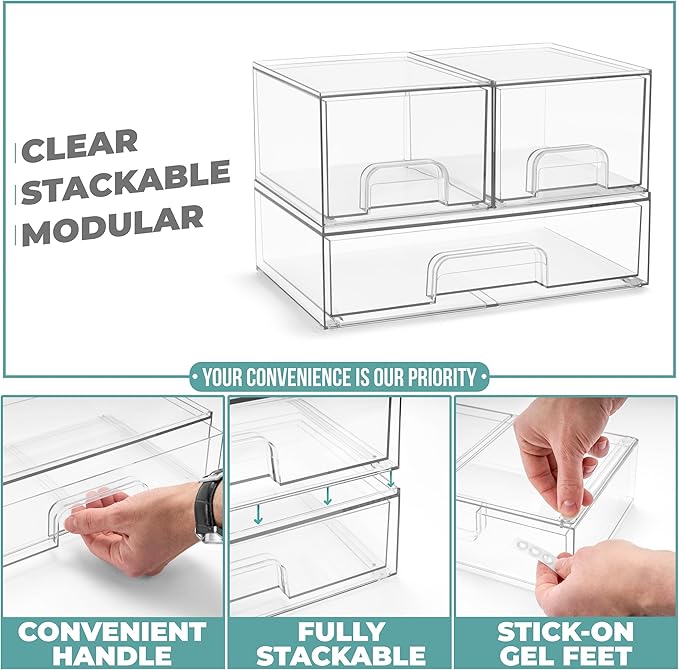 Sorbus Acrylic Storage Containers - 3 Pack, Stackable Storage Bins Set for Bathroom Organization - Clear Acrylic Drawer Organ
