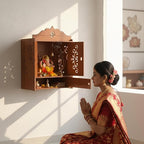 Wooden Wall Mounted Hanging Table top Temple Pooja Mandir God Stand Shelf for Storage and Idols Decoration for Home Office an