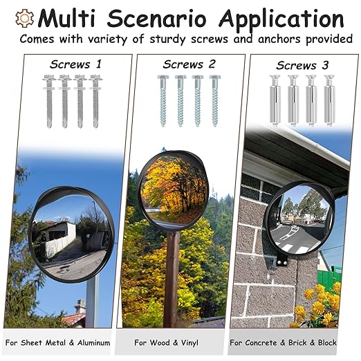 Arcylic Convex Mirror 𝟭𝟮" 𝗦𝗲𝗰𝘂𝗿𝗶𝘁𝘆 𝗠𝗶𝗿𝗿𝗼𝗿, Adjustable Fixing Bracket Wide Angle Clear View for Indoor Outdoor Driveway Parking Garage Warehouse Office (12 inch)