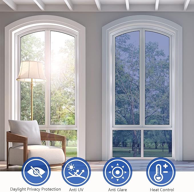 KESPEN Window Privacy Film One Way Daytime Privacy Static Cling Sun Blocking Anti UV Reflective Window Tint for Home and Office, Blue-Silver, 17.5 Inch X 6.5 Feet