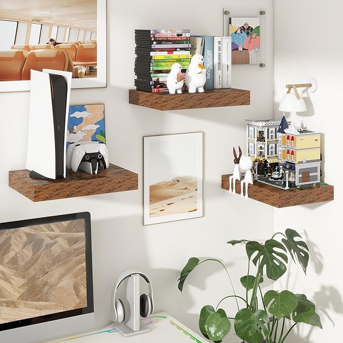 12 Inch Deep Floating Shelves | 16 Inch Brown Floating Shelves Set of 2 | 16W x 12D Rustic Shelves for Wall | Deep Wood Shelv
