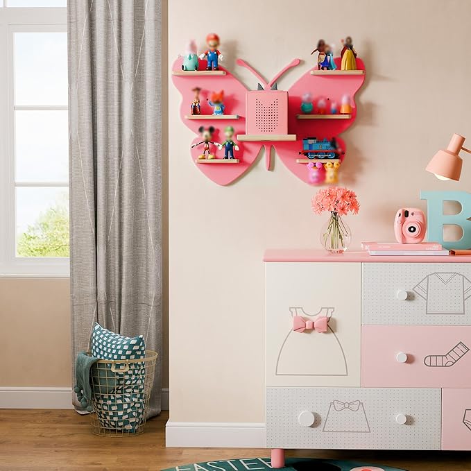 Butterfly Tonie Shelf for Toniebox - Pink Magnetic Tonies Wooden Floating Shelves, Cute Wall Shelf Storage for 20-32 Tonies F