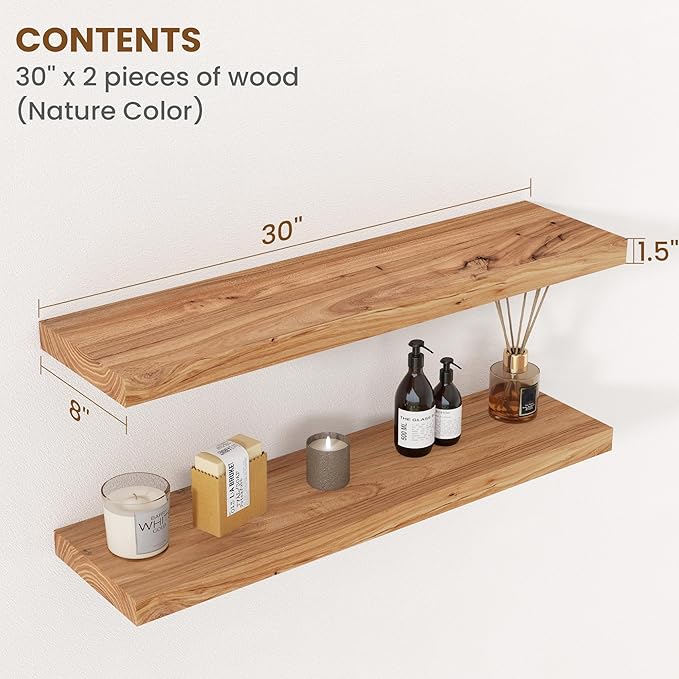 Floating Shelves for Wall Decor, 8" Deep Rustic Solid Elm Wood Floating Shelves Wall Mounted, Wall Shelves with Invisible Bra