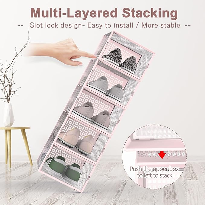 Kuject Shoe Organizers Storage Boxes for Closet, 12 Pack Clear Plastic Stackable Storage Bins with Lids, Under Bed Shoe Conta