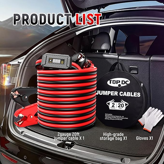 TOPDC 2 Gauge 20 Feet Jumper Cables with Reverse Polarity Protection for Car, SUV and Trucks Battery, Heavy Duty Automotive Booster Cables for Jump Starting Dead or Weak Batteries with Carry Bag