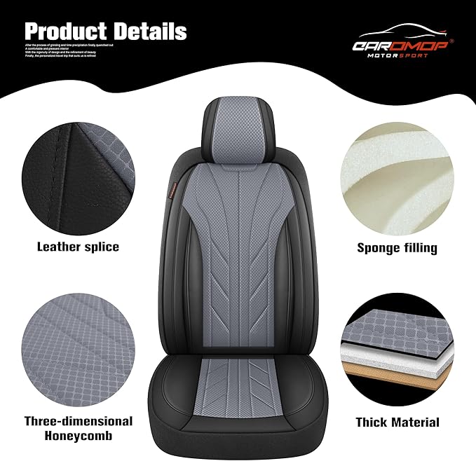 CAROMOP Luxury Faux Leather&Fabric Car Seat Covers Full Set with Breathable 3D Foam Back Support,Universal Comfortable Seat C