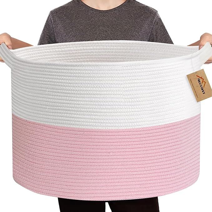 MEGASKET Pink Storage Baskets for Organizing, 22"X22"X14" XXXL Blanket Basket Living Room, Large Toy Basket, Soft Pink Cotton