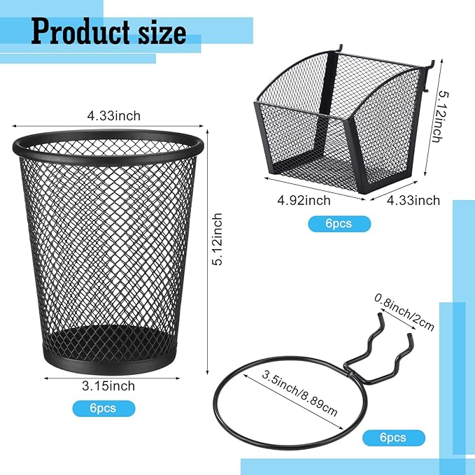 6 Set Pegboard Accessories Wall Organizer Peg Board Baskets and Cups Black Metal Pegboard Baskets and Wire Mesh Cup with Ring