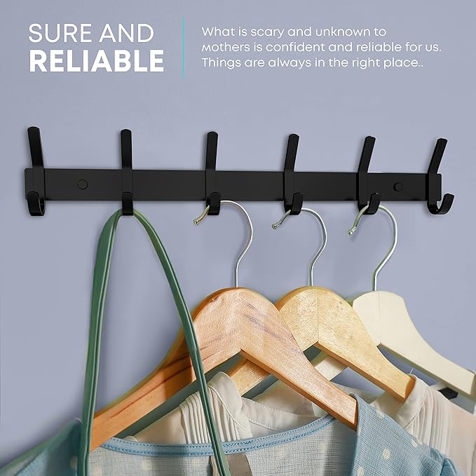 Matte Black Coat Rack Wall Mount – 17 Inch Stainless Steel Hook Rail with 6 Double Coat Hooks – Wall Mounted Entryway Organiz