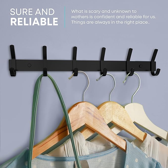 Matte Black Coat Rack Wall Mount – 17 Inch Stainless Steel Hook Rail with 6 Double Coat Hooks – Wall Mounted Entryway Organiz