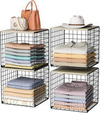 4-Tier Stackable Closet Organizers and Storage Basket, Shelves with Wood Top, Foldable Clothes Storage Bin/Cube Drawer Organi