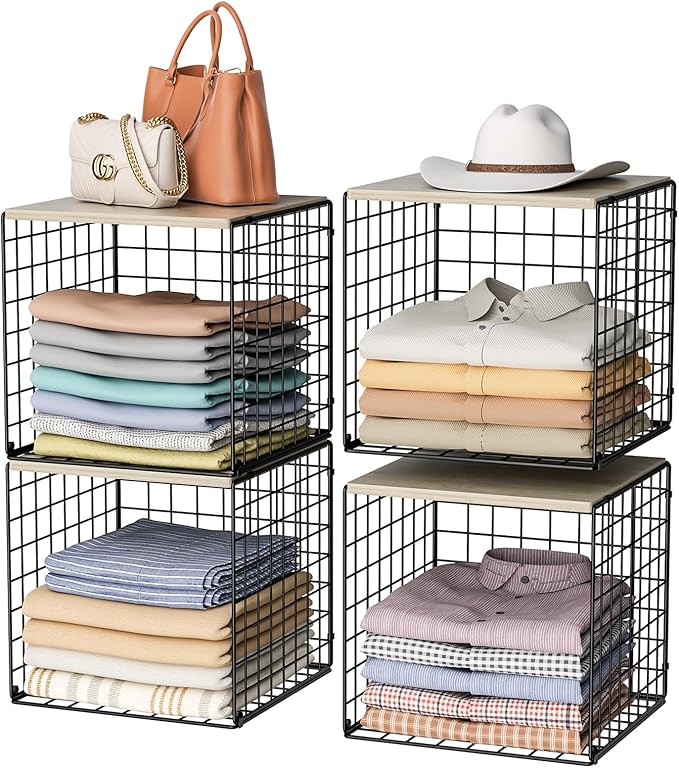 4-Tier Stackable Closet Organizers and Storage Basket, Shelves with Wood Top, Foldable Clothes Storage Bin/Cube Drawer Organi