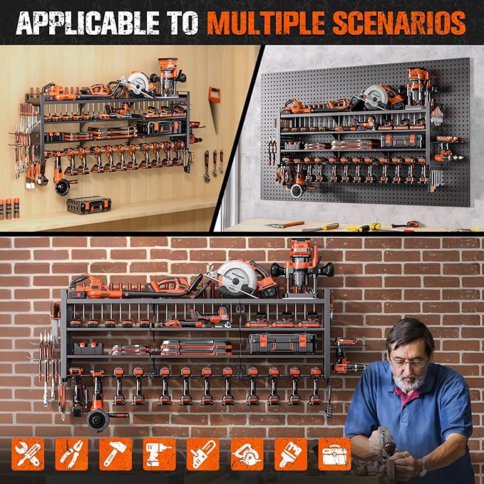 49.8" W Large Power Tool Organizer Wall Mount, Heavy Duty Tool Organizer with 14 cordless Drill Holder, 4 Layers Garage Organ