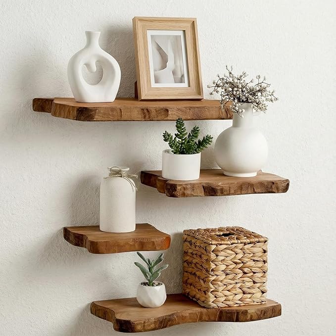 Pinkunn 4 Pcs Floating Shelves for Wall Wooden Live Edge Shelf Wall-Mounted Natural Solid Wood Bedroom Kitchen Storage Living